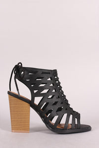 Qupid Lattice Weave Open Toe Chunky Heel Booties