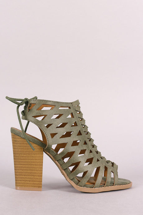 Qupid Lattice Weave Open Toe Chunky Heel Booties