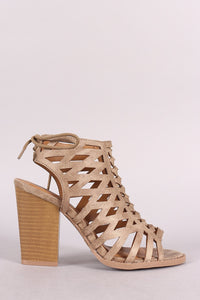 Qupid Lattice Weave Open Toe Chunky Heel Booties