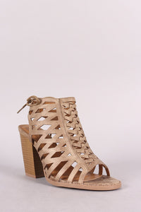 Qupid Lattice Weave Open Toe Chunky Heel Booties